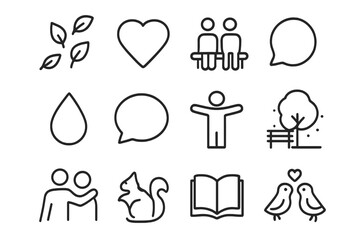 Park Emotions Icons. Outline icon set of park emotions: falling leaves, heart icon, seated couple, tear symbol