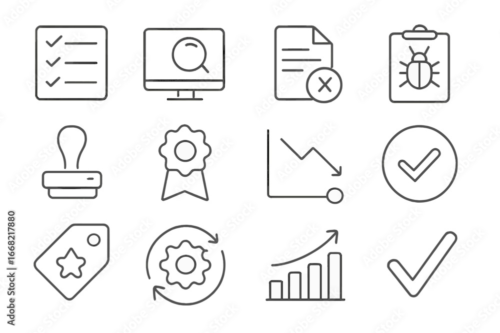 Poster quality assurance icons. outline icon set of quality assurance: qa checklist, test icon, error repor