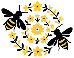 Bees and flowers vector art: illuminated floral honeybee design for spring decor and crafts