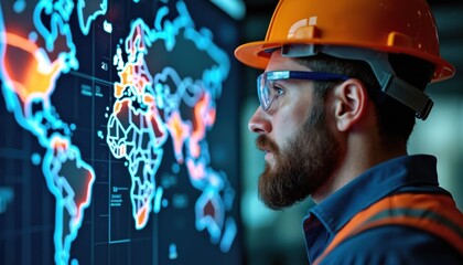 Bearded engineer in hard hat, safety glasses studies world map on digital screen. Screen shows global energy markets oil-rich regions. Represents business analysis, investment, oil industry.