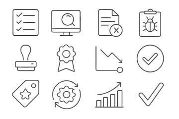 Quality Assurance Icons. Outline icon set of quality assurance: QA checklist, test icon, error report, bug