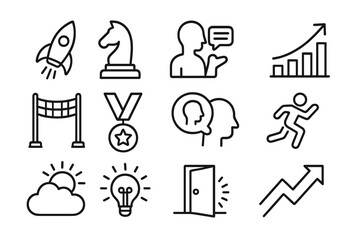 Fototapeta premium Icons of Ambition. Outline icon set of personal ambition and drive: rocket launch, chess piece, motivation