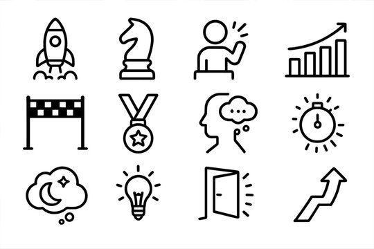 Icons of Ambition. Outline icon set of personal ambition and drive: rocket launch, chess piece, motivation