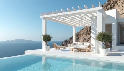 White minimalist pergola with comfortable seating overlooks serene sea view from Greek Mediterranean cliffside. Modern architectural design features clean lines, natural light. Luxury villa terrace