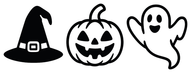 Whimsical halloween icons vector: witch hat, pumpkin, ghost silhouettes for spooky celebrations