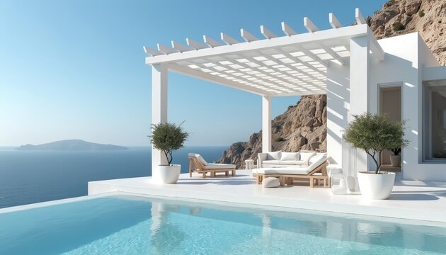 White minimalist pergola with comfortable seating overlooks serene sea view from Greek Mediterranean cliffside. Modern architectural design features clean lines, natural light. Luxury villa terrace