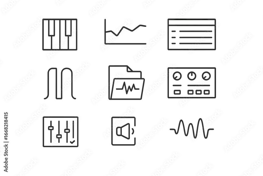Poster music software icon set. outline icon set of composing software tools: piano roll, automation track,