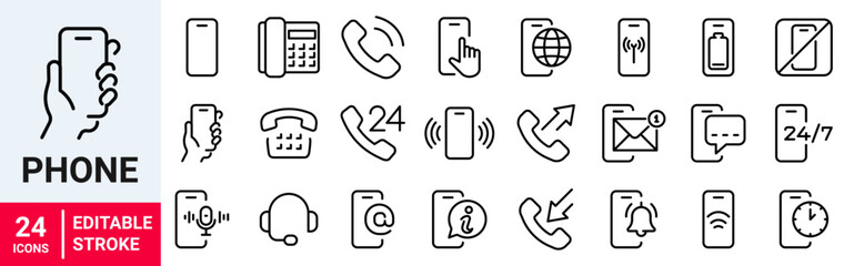 Phone web icons in line style. Call, telephone, mobile phone, contact, communication, collection. Vector illustration