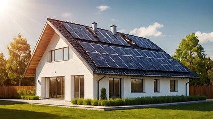 Elegant house with solar panels on the roof, embracing renewable energy for a sustainable future and ecofriendly living in a residential neighborhood