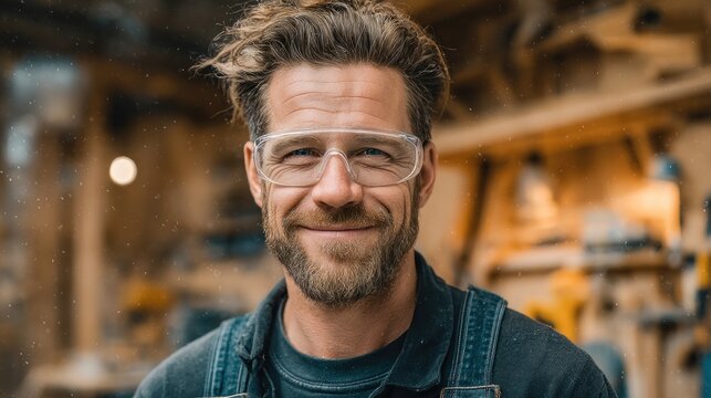 Portrait of smiling woodworker wearing safety glasses in workshop studio
