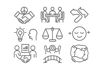 Fototapeta premium Conflict Resolution Icons. Outline icon set of conflict resolution skills: peace handshake, discussion table,
