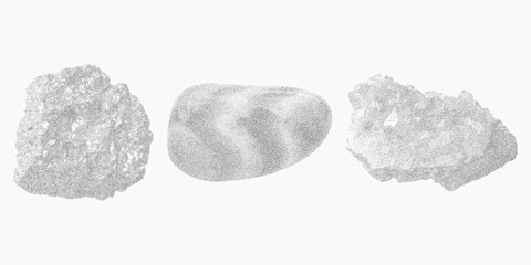 Rough gem illustrations in stylized vintage form. Soft stipple, layered screen patterns, threshold imperfections and grainy print finish.