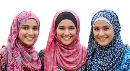Generative AI image of smiling young women in traditional hijab and looking at camera while standing against blurred background 