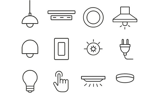 Kitchen Lighting Icons. Outline icon set of kitchen lighting solutions: pendant light, under-cabinet strip,