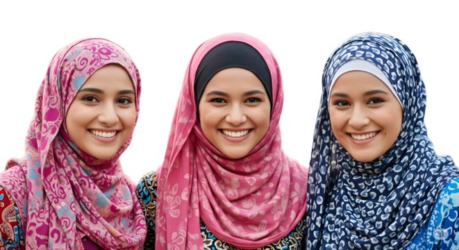 Generative AI image of smiling young women in traditional hijab and looking at camera while standing against blurred background - Powered by Adobe
