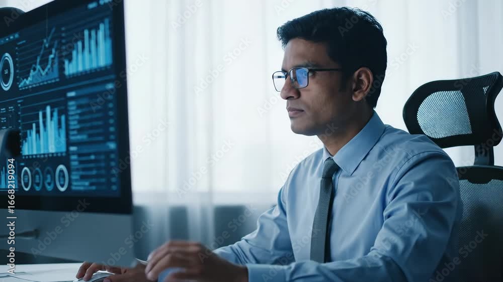 Poster businessman analyzing data on computer - a focused businessman wearing glasses sits at his desk, int