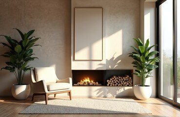 Modern living room features comfy armchair, fireplace with burning logs, large window. Neutral tones, raw texture decor, potted plants create cozy, stylish atmosphere perfect for home background
