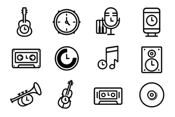 Music Clock Icons Grid. Outline icon set of music-themed repurposed clocks: guitar clock, drum head clock,