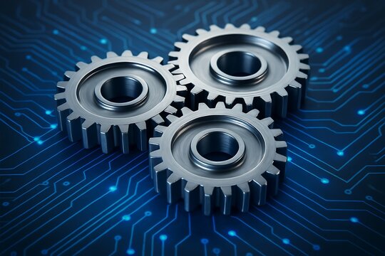 Three metallic gears interlocking on a blue circuit board background with glowing lines cogs mechanical