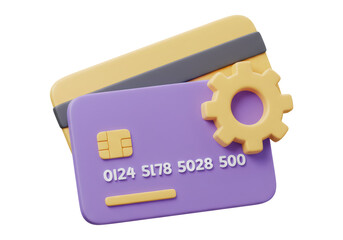 紫と黄色のクレジットカードと歯車の3Dレンダリング 透明背景の金融テクノロジー