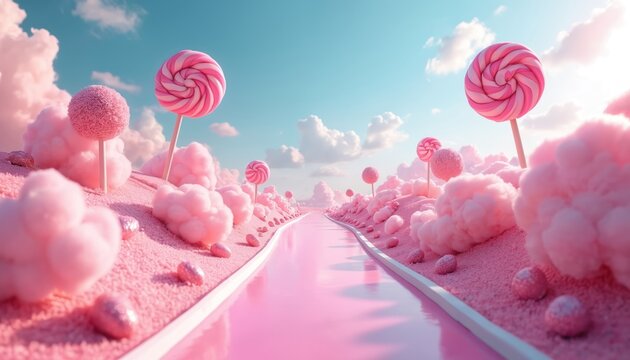 Vibrant pink candy land features glossy pink road winding through fluffy pink cotton candy clouds, giant lollipops. Sweet, whimsical landscape evokes childhood dreams, confectionery delights, perfect