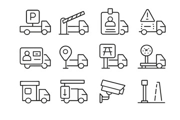 Truck Parking Icons. Outline icon set of truck parking and checkpoints: parking lot, barrier gate, permit