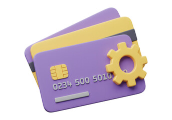 紫と黄色のクレジットカードに歯車が組み込まれた3Dイラスト