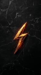 Vertical banner, wallpaper for social media of Epic logo design of a golden thunderbolt, forged like a divine weapon of Zeus, glowing with sparks and aura. Black marble background with subtle cracks