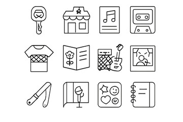 Indie Band Icon Set. Outline icon set of indie band lifestyle: van key, local venue, gig flyer, cassette tape,
