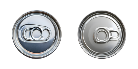 Set of top view Metal can lid with ring pull isolated on transparent background, cut out