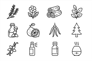 Calming Scents Icons. Outline icon set of calming bedtime scents: lavender, chamomile, sandalwood, eucalyptus,