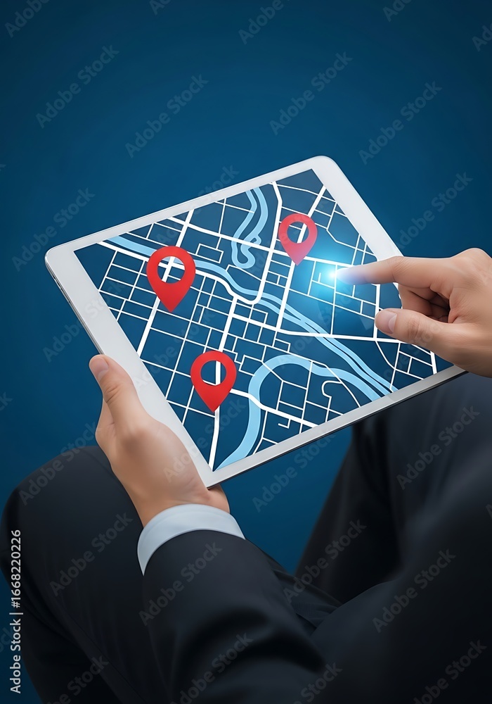 Poster person using tablet with map and location pins navigation