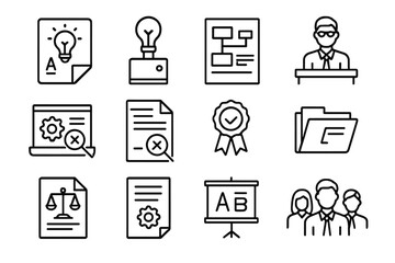Patent Litigation Icons. Outline icon set of patent litigation: patent drawing, invention prototype, claim