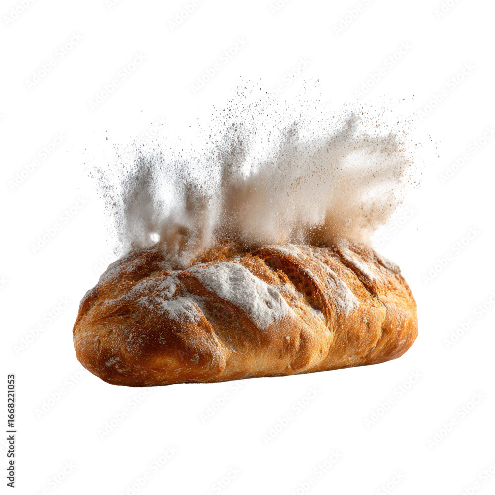 Poster a loaf of bread explodes in a cloud of flour, a dynamic and visually striking image. background remo