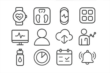 Smart Wellness Icon Set. Outline icon set of smart wellness ecosystem: watch face, connected scale, fitness