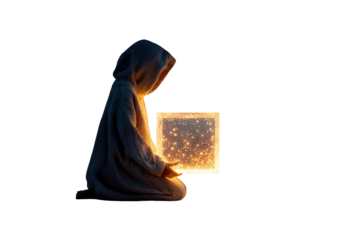 A mysterious hooded figure kneels, holding a glowing box filled with sparkling light, isolated on transparent background