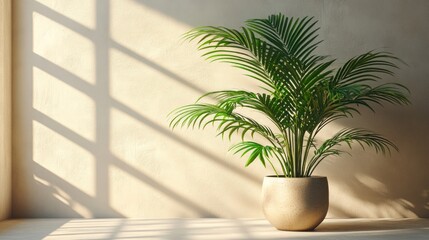Obraz premium A potted palm tree with green leaves in a room with sunlight and shadow patterns on a beige wall