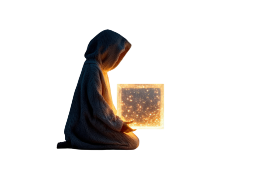 A mysterious hooded figure kneels, holding a glowing box filled with sparkling light, isolated on transparent background
