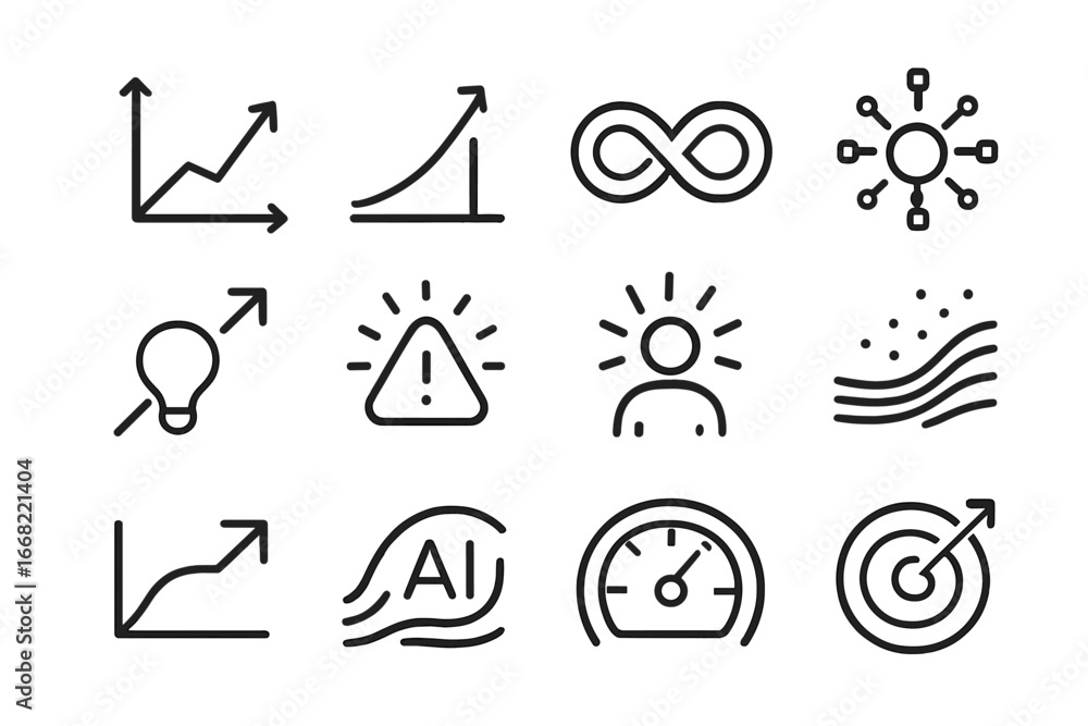 Poster exponential tech icon set. outline icon set of exponential tech growth: speed graph, growth curve, i