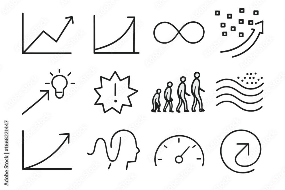 Poster exponential tech icon set. outline icon set of exponential tech growth: speed graph, growth curve, i