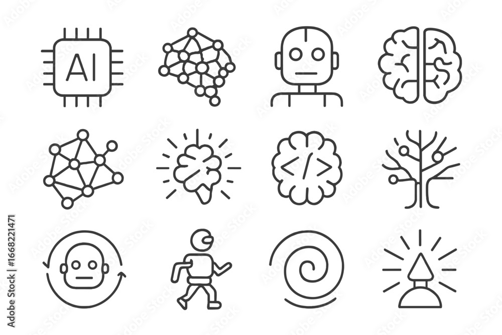 Poster ai evolution icons. outline icon set of synthetic intelligence evolution: basic ai, advanced neural 