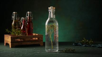 clear plastic spray bottle with a mixture of chopped garlic and clear water, the bottle has a spray nozzle and is standing on a dark wooden surface, the background wooden shelf several glass bottles