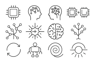 AI Evolution Icons. Outline icon set of synthetic intelligence evolution: basic AI, advanced neural net, AGI