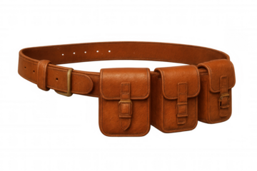 Brown leather belt featuring multiple pockets, rugged buckles, designed for wilderness exploration and outdoor gear enthusiasts