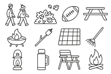 Outdoor Thanksgiving Icons. Outline icon set of outdoor Thanksgiving activities: autumn walk, leaf pile,