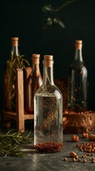 Vertical banner, wallpaper for social media of clear plastic spray bottle with a mixture of chopped garlic and clear water, the bottle has a spray nozzle and is standing on a dark wooden surface