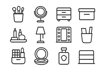 Vanity Table Essentials Icons. Outline icon set of vanity table essentials: brush holder, magnifying mirror,