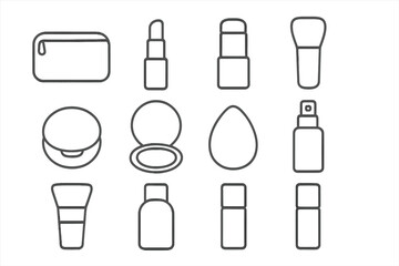 Minimalist Makeup Icons. Outline icon set of minimalist makeup kit: slim pouch, neutral lip tint, multi-use