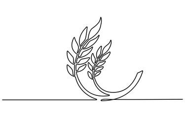 One continuous line. Spikelet of wheat. Spikelet of a cereal plant. Flat minimal icon. One continuous line on a white background, Ears of wheat one line drawing on white isolated background