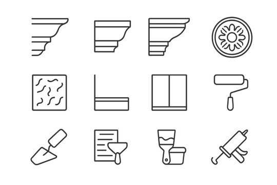 Interior Work Icons. Outline icon set of interior finishing works: crown molding, baseboard, plaster cornice,